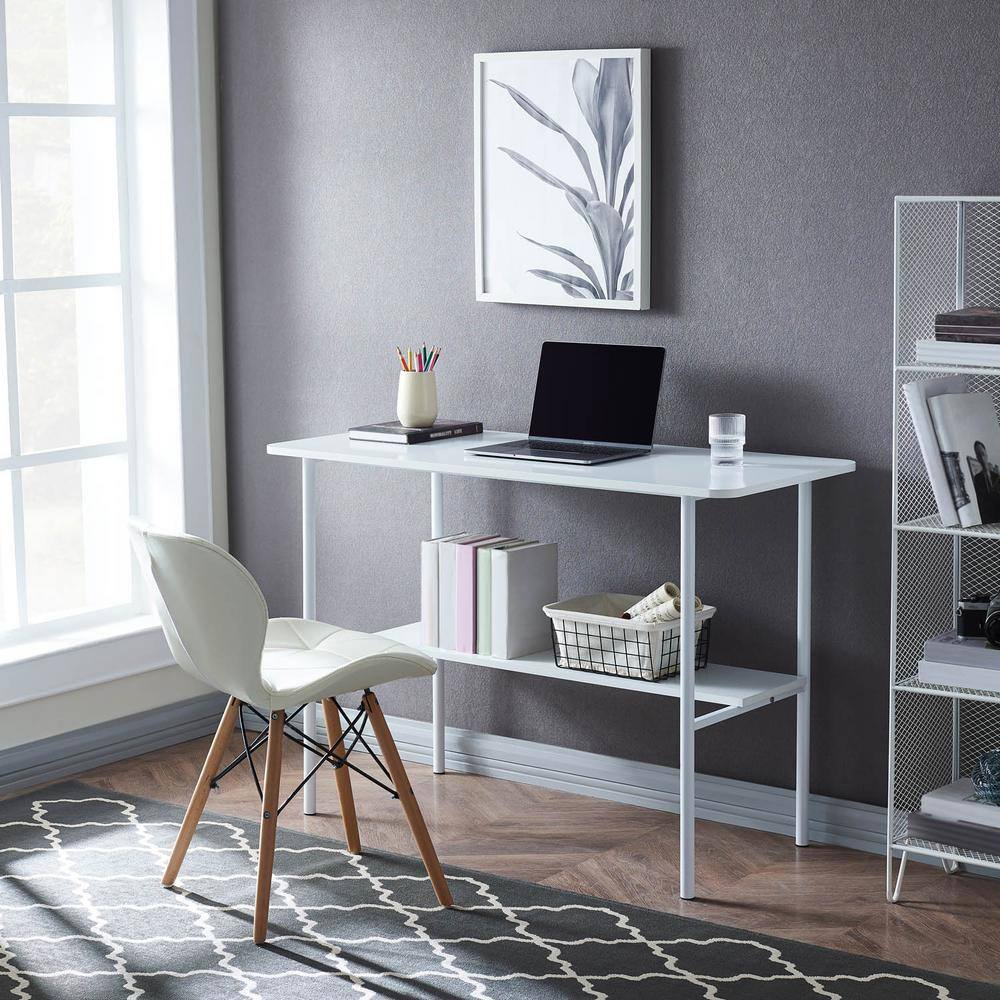 Minimalist 44.5 in. Rectangular White Wood and Metal Writing Desk with ...