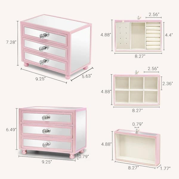 3-Tier Mirror Pink Jewelry Box Jewelry Organizer Glass with 3