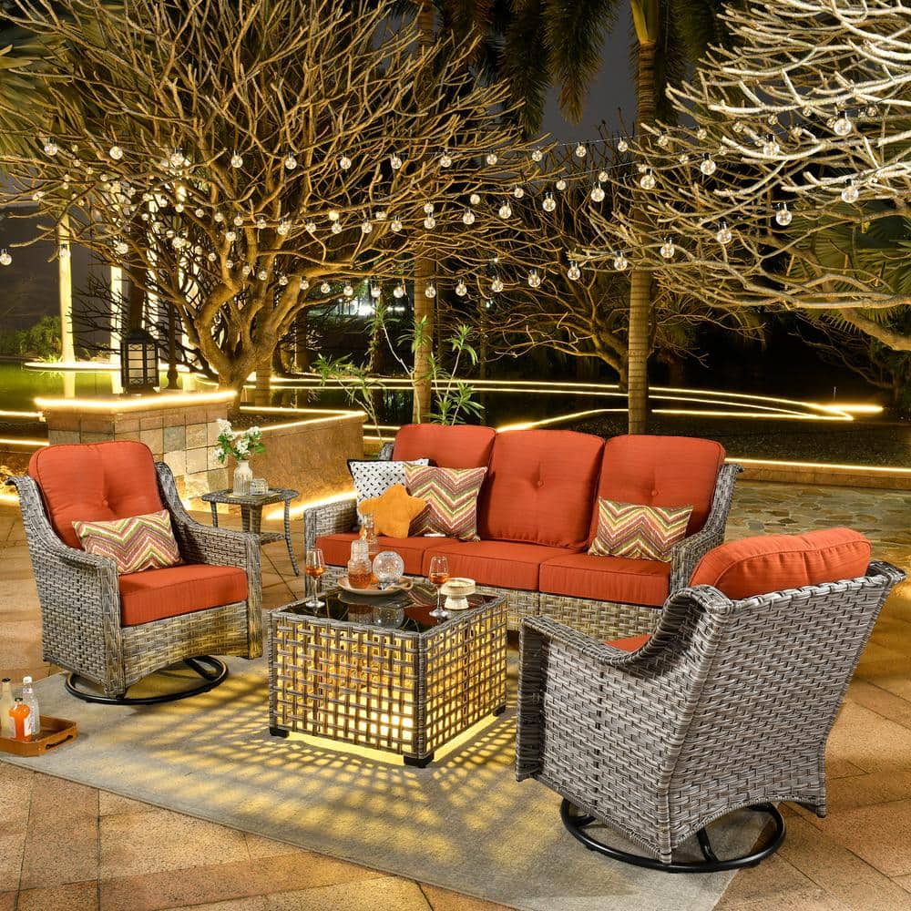 Palffy Gray 5-Piece Wicker Patio Conversation Seating Set with Orange Red Cushions and Swivel Rocking Chairs price history on PriceWatchPro