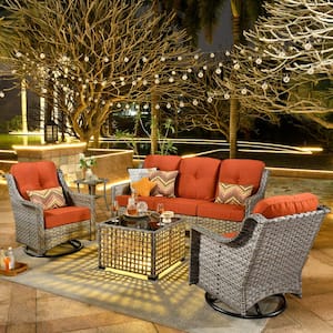 Palffy Gray 5-Piece Wicker Patio Conversation Seating Set with Orange Red Cushions and Swivel Rocking Chairs