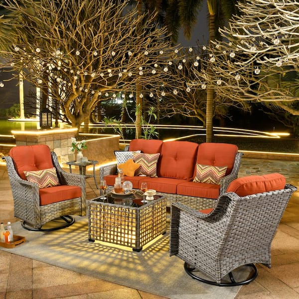 Palffy Gray 5-Piece Wicker Patio Conversation Seating Set with Orange Red Cushions and Swivel Rocking Chairs