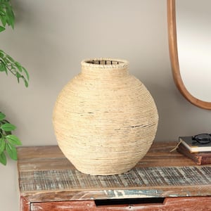 13 in. Beige Handmade Wrapped Seagrass Decorative Vase