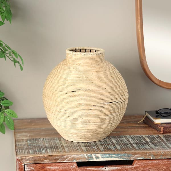 Litton Lane 13 in. Beige Handmade Wrapped Seagrass Decorative Vase