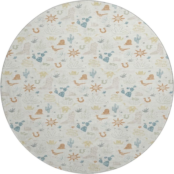 Mayfield Premium Machine Washable Abstract AMF2562 Ivory 8 ft. x 8 ft. Round Rug