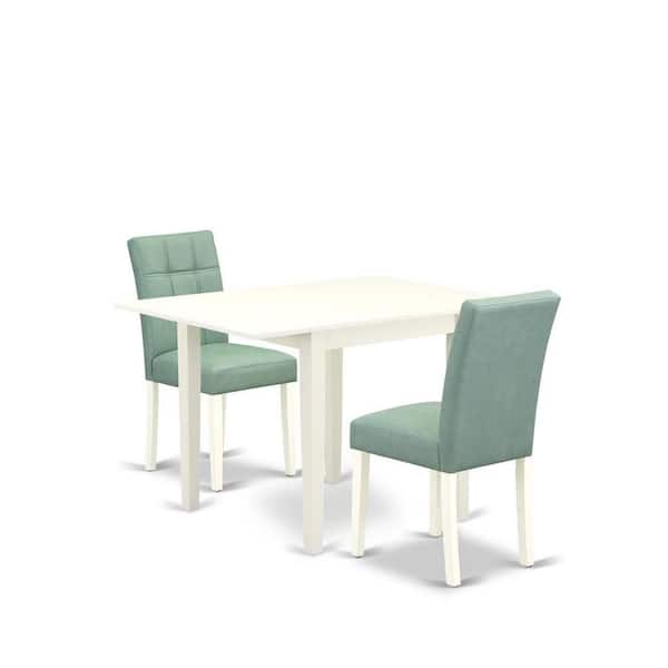 East West Furniture 3-Piece Linen White Finish Rectangular Solid Wood Top with Dropleaf Dining Table Set