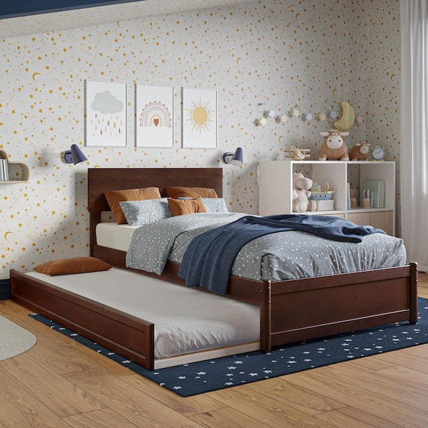 AFI Wesley Walnut Brown Solid Wood Frame Twin Platform Bed with Panel Footboard and Twin Trundle
