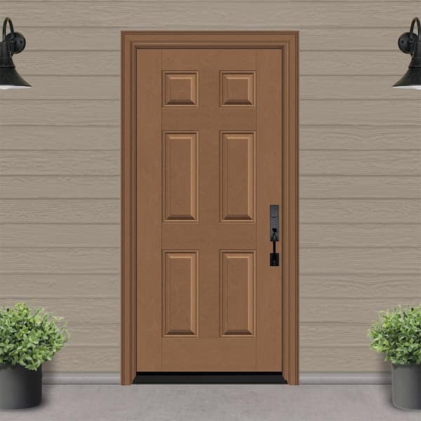 Regency 36 in. x 80 in. 6 Panel LHIS AutumnWheat Stain Mahogany Fiberglass Prehung Front Door with 6-9/16 Jamb