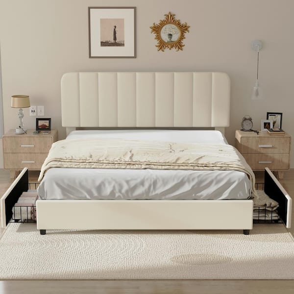 VECELO Upholstered Bed Beige Metal Frame Full Size Platform Bed With 4 ...