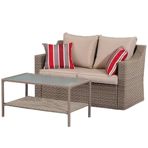 Brown 2-Piece Wicker Patio Conversation Set with Brown Cushions