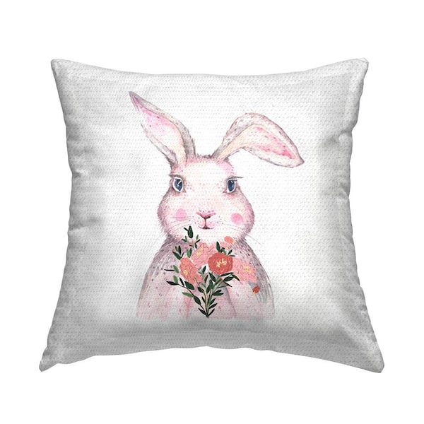 Stupell Industries Pink Bunny With Flower Bouquet Pink Square Outdoor Throw Pillow