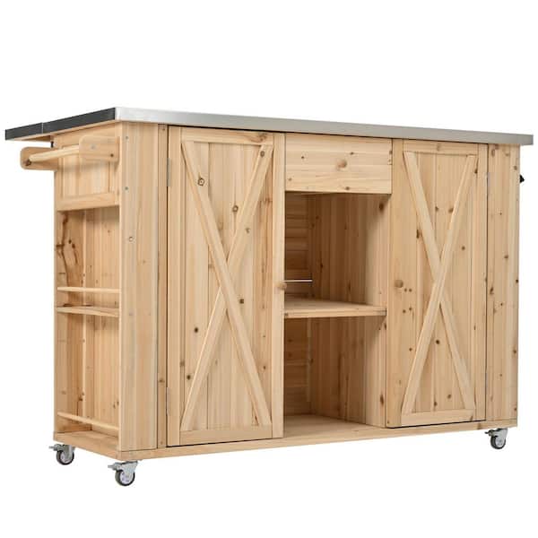 52.25 in. x 28.75 in. x 36.25 in. Wood Kitchen Island, Outdoor Storage Cabinet, Towel, Spice Racks,Bottle Opener,Natural