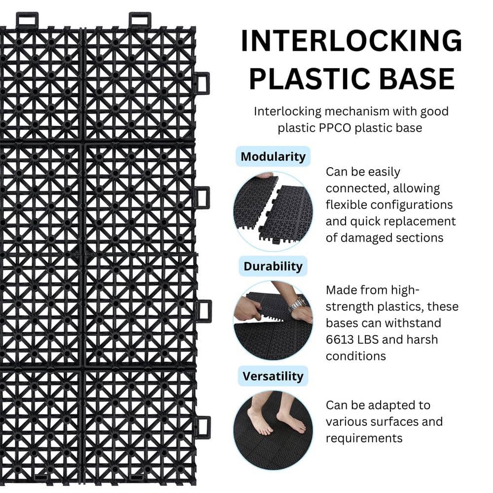 12 x 12 Inch Black Plastic Interlocking Waterproof Deck Tiles