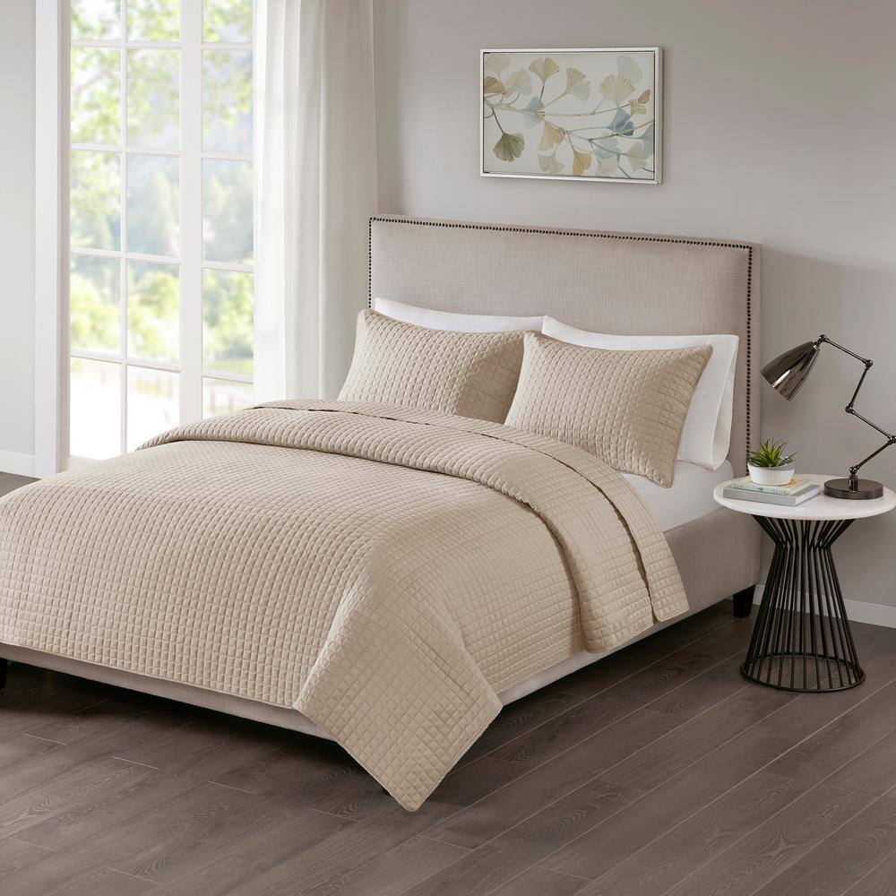 Khaki Microfiber King Reversible Quilt Set