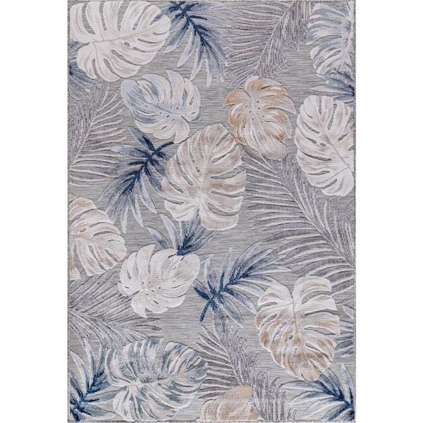 CAMILSON Bloom Blue/Gray 5 ft. x 7 ft. Leaf Tropical Botanical Indoor/Outdoor Area Rug