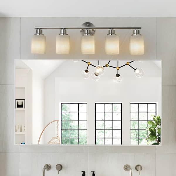 31.5 in. 5-Light Brushed Nickel Vanity Lights Fixture with Frosted Glass Shades and No bulbs Included