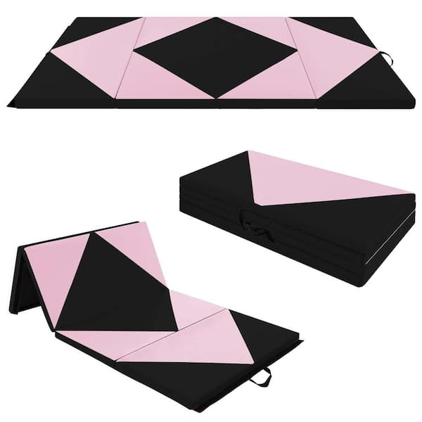 HONEY JOY Light Pink plus Black 8 ft. x 4 ft. x 2 in. Folding Gymnastics Mat PU Leather Tumbling Exercise Mat Yoga Gym