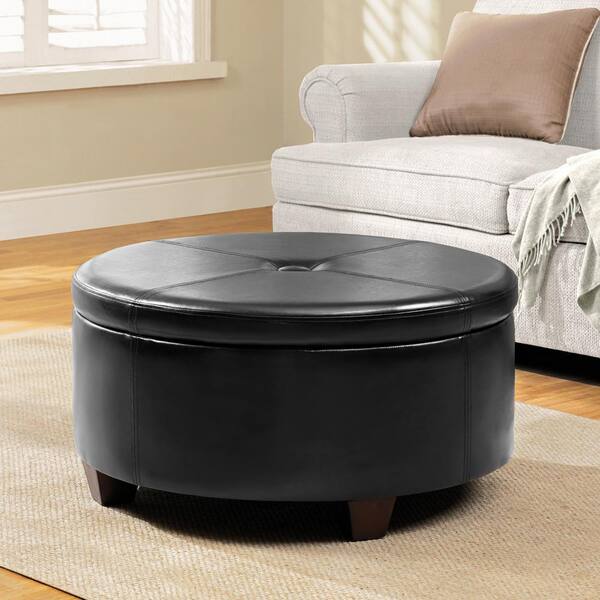 Homepop Winston Large Round On Top, Black Leather Round Ottoman With Storage