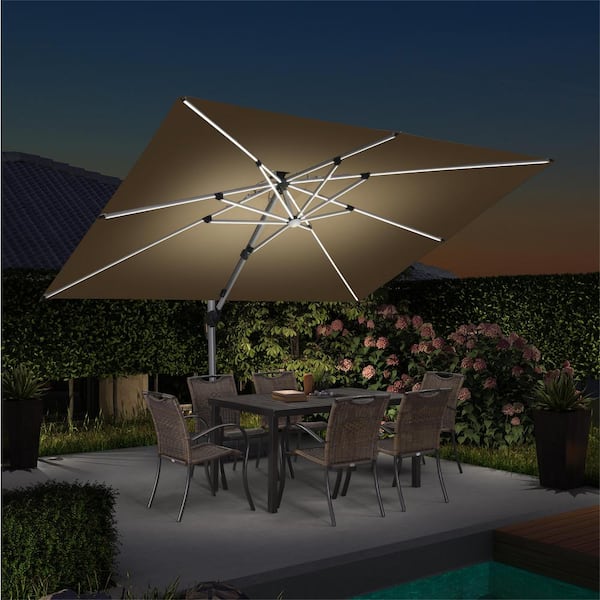 PURPLE LEAF 9 ft. x 12 ft. Aluminum Solar Powered LED Patio Cantilever Offset Umbrella with Base, Beige