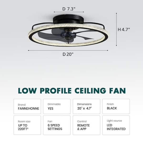 FANNEHONNE 20'' Ceiling Fans with Lights and Remote, Low Profile