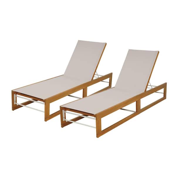Maureen Rustic Patio Solid Wood and Textilene Outdoor Chaise Lounge, Teak Fininsh and Beige, Set of 2