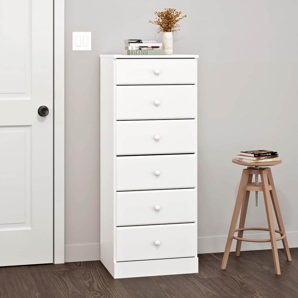 Astrid White 6-Drawer Tall Lingerie Dresser with Solid Wood Knobs
