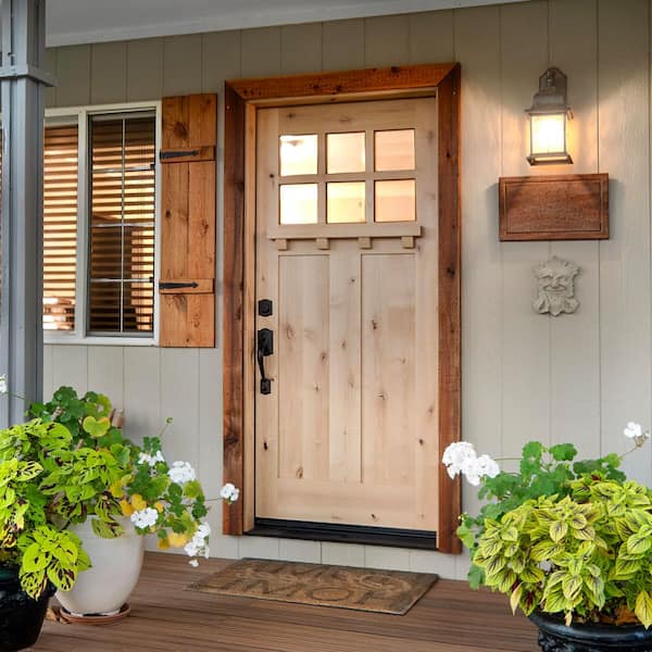 36 in. x 80 in. Craftsman 2 Panel 6-Lite Clear Low-E /Dentil Shelf Right-Hand Unfinished Wood Alder Prehung Front Door