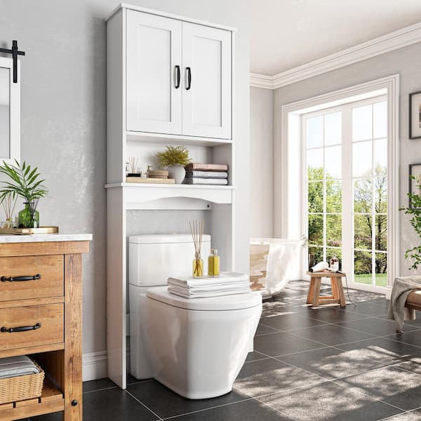 Shaker 23.6 in. W x 65 in. H x 8.25 in. D White Over The Toilet Storage with Doors and Open Shelves