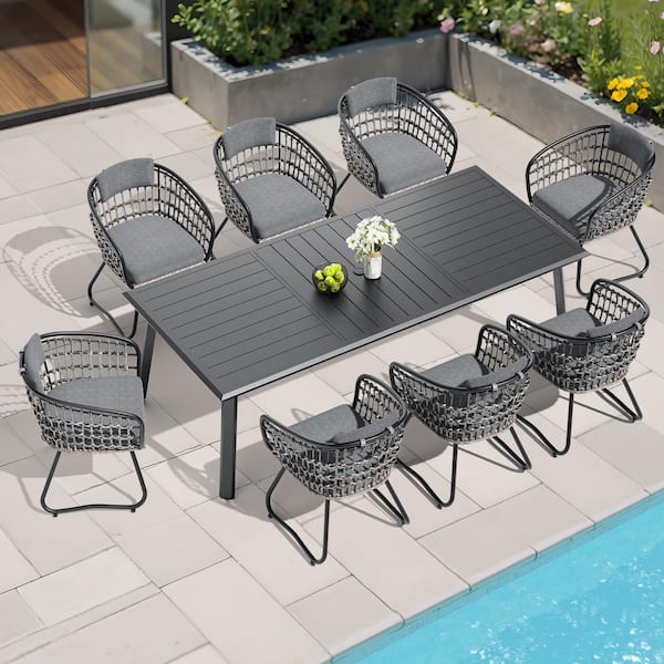 9-Piece Metal 93.9 in. Outdoor Dining Set with Rattan Chairs and Gray Cushions