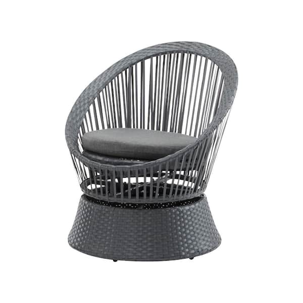 Unbranded 26.77 in. W Wicker Outdoor Lounge Chair with Gray Cushion with Rattan and Iron Frame for Living Room, Patio, Balcony
