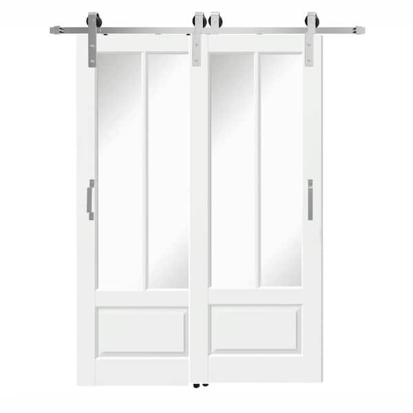 60 in. x 80 in. 2 Lite Mirrored Glass White Primed Pine Wood Bypass Barn Door Slab with Hardware Kit Set