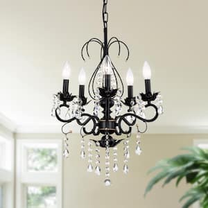 5-Light Matte Black+ Gold Classic Vintage Crystal Candle Chandelier with Adjustable Chain, 5 X E12, No Include Bulb