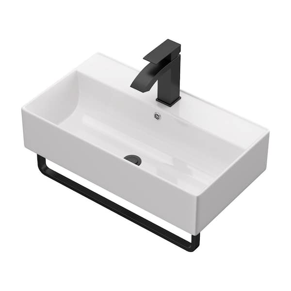 21 in. Rectangular Ceramic Wall-Mounted Bathroom Sink in White with Black Towel Bar and Faucet