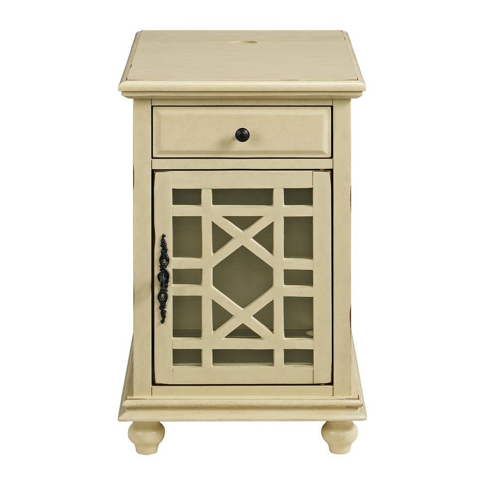 Antique White Elegant Chairside Table with Power Outlets and USB Ports