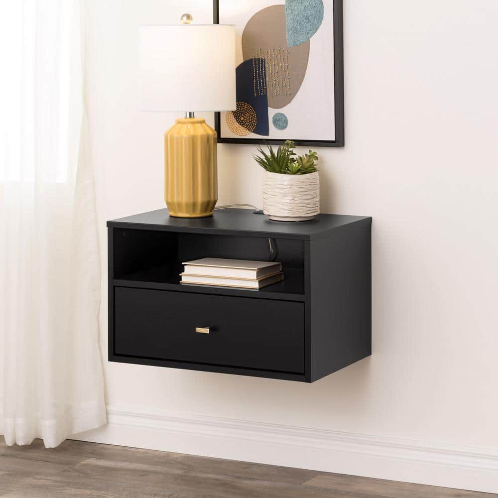 Sleek Black Floating Nightstand with Drawer and Open Shelf