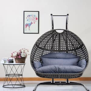 52.8 in. 2-Person Black Metal Patio Swing Chair with Stand and Dust Blue Cushions