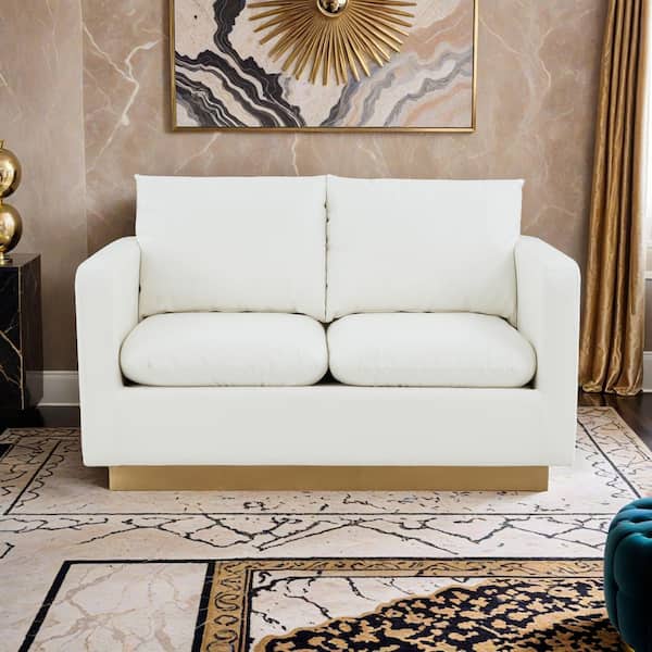 Nervo 56 in. White Mid-Century Modern Upholstered Faux Leather 2-Seat Loveseat with Gold Frame