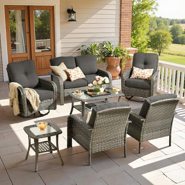 Hot Sale Serava Gray 7-Piece Wicker Outdoor Sectional Sofa Set with Swivel Chairs and Black Cushions for Deck, Patio