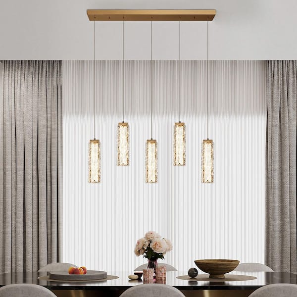 LNC Iatreia 5-Light dimmable Integrated LED Plating Brass Linear Chandelier with Glacial Handmade Glass