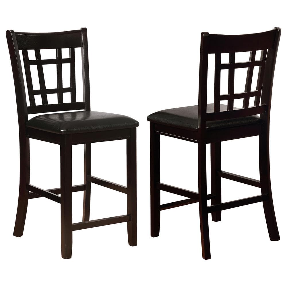 Lavon Cappuccino Wood and Black Faux Leather Counter Height Stools, Set of 2