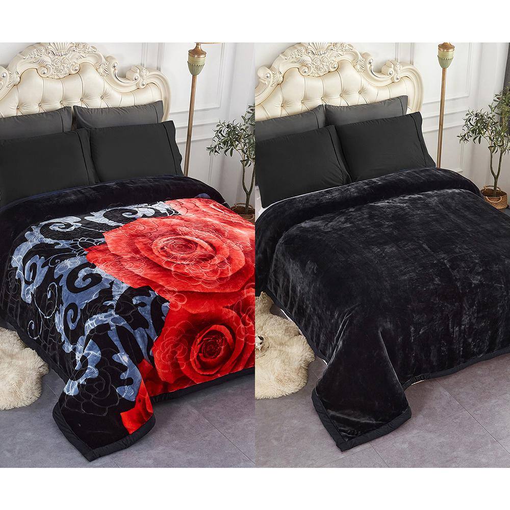 JML Black 2-Ply 79 in. x 91 in. Reversible Polyester Silky Raschel ...