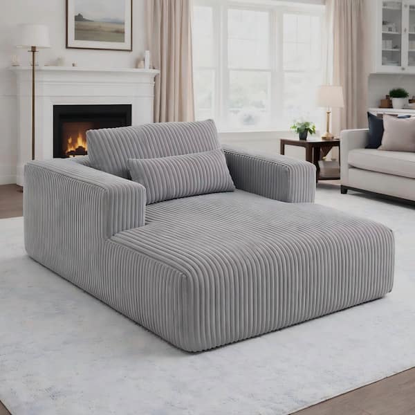 Nelson Modern Grey Corduroy Upholstered Chaise Lounge Compressed Sofa with 2 Lumbar Pillows