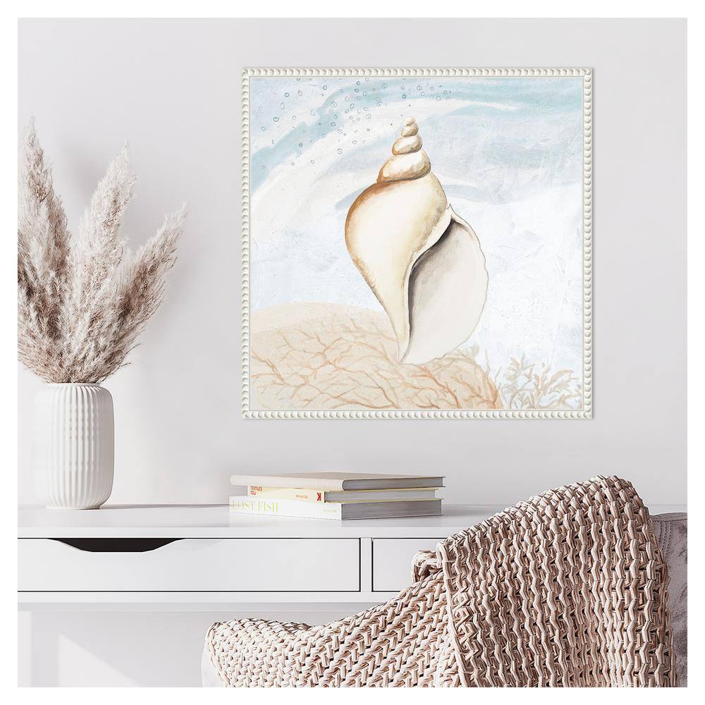 Beaded White Conch Shell Nautical Framed Canvas Art