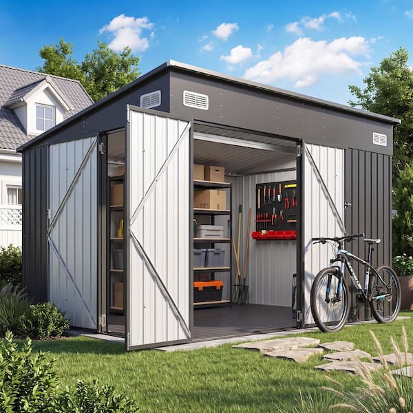 Sizzim 10 ft. W x 8 ft. D Storage Metal Shed with Floor, Triple