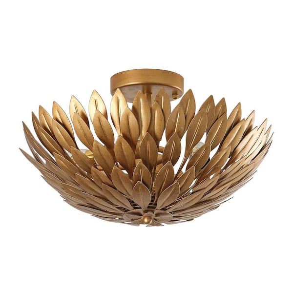 Parrot Uncle 15.75 in. 3-Light Antique Gold Semi-Flush Mount Ceiling Light with Layers of Leaves Shade