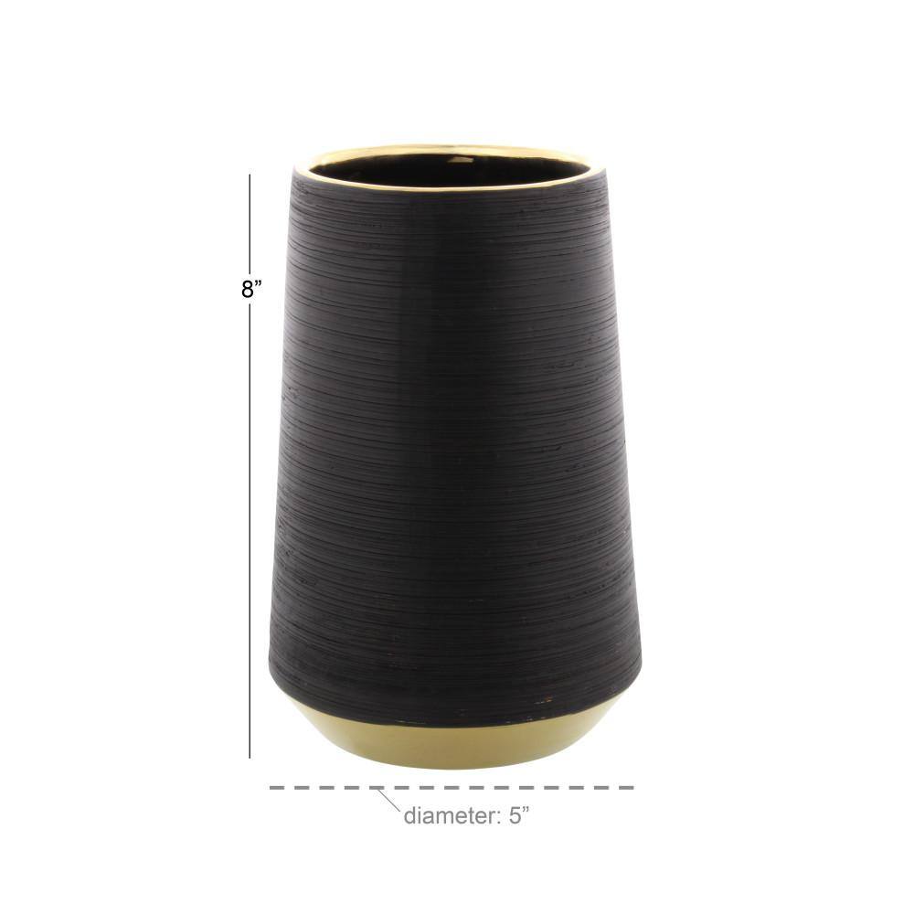 Matte Black Porcelain Vase with Gold Trim Accents 9"x12"