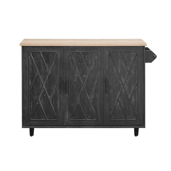 Xspracer Oasis Black Wood 51.2 in. Kitchen Island with Drop Leaf, Farmhouse Kitchen Island on Wheels with Internal Storage Rack