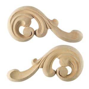 Acanthus Scroll Applique Pair - 10 in. W. x 4.75 in. x 0.625 in. Hand Carved Unfinished Hardwood - Elegant Wall Accents