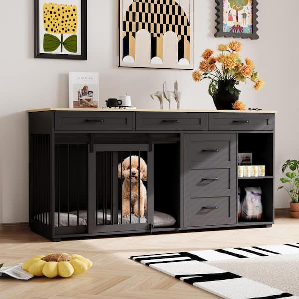 FUFU&GAGA 3-Drawer, 2-Compartment Dog Crate, Heavy Duty Indoor Dog Cage House, Black