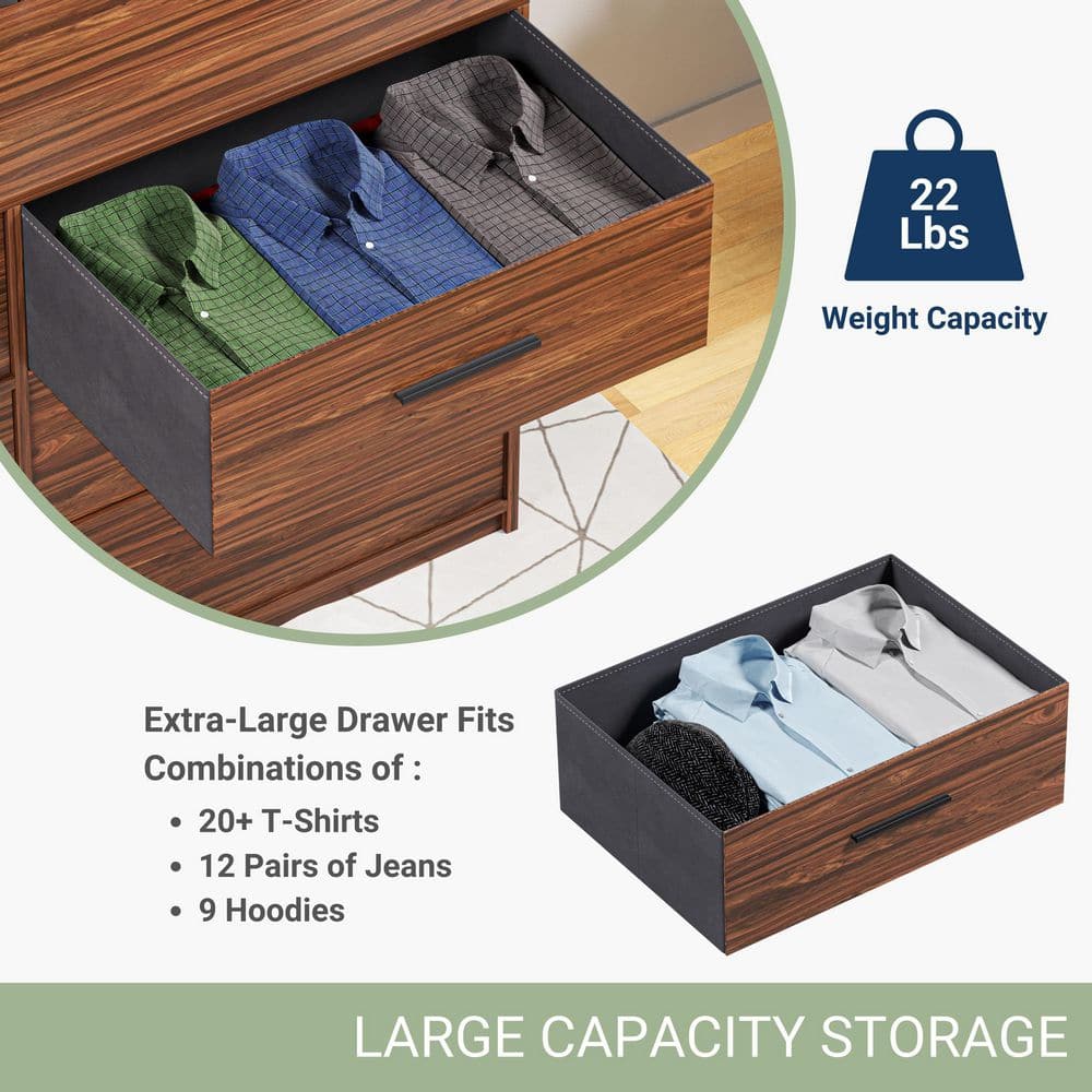 Walnut Brown 6-Drawer Double Dresser with Fabric Bins