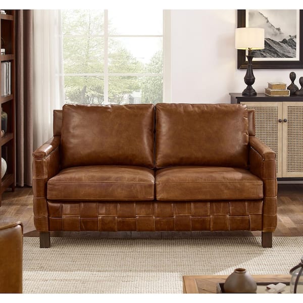 Top Leather 60 in. Straight Arm Genuine Leather Rectangle Sofa in Cognac